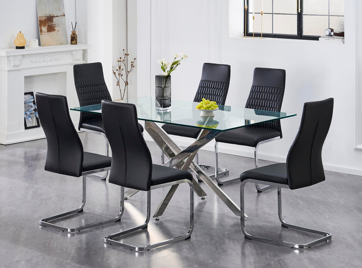 63" Glass Dining Set with Chrome X-Legs – Choose Your Chairs