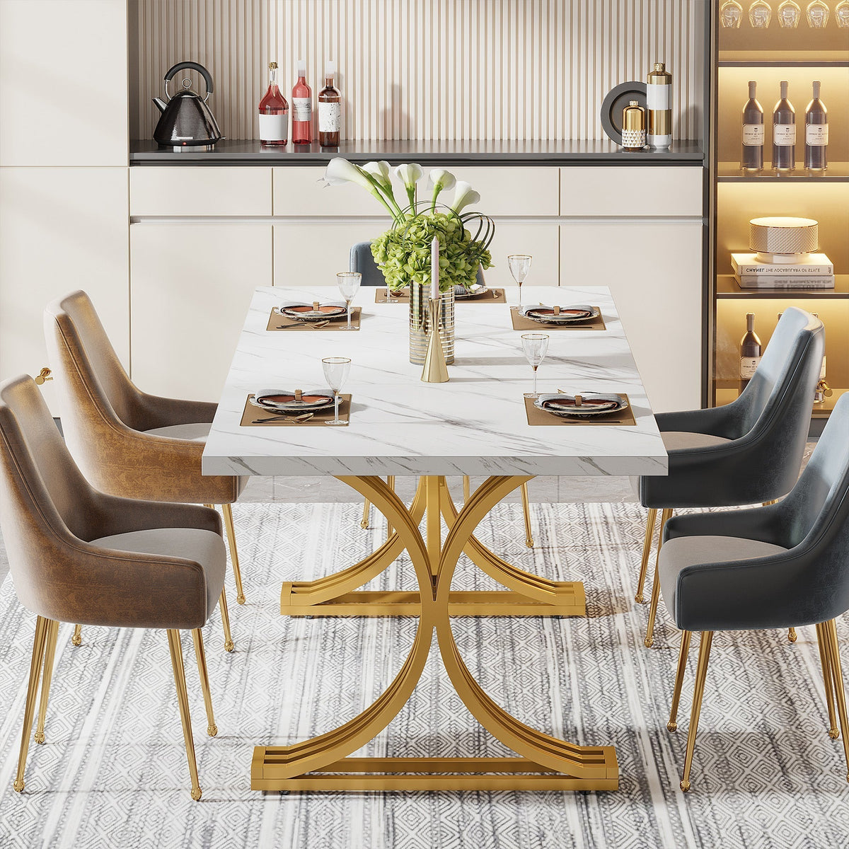 63" Rectangular Dining Table, Modern Kitchen Table with Metal Legs for 4 to 6