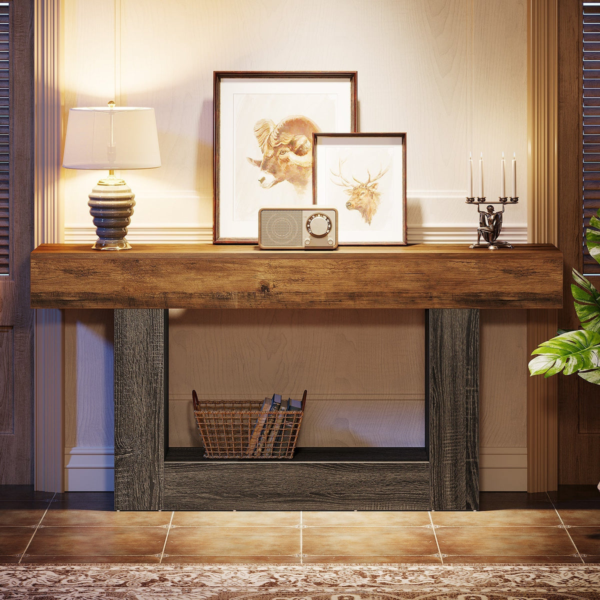 63" Wood Console Table, Farmhouse 2-Tier Sofa Table Entryway Table