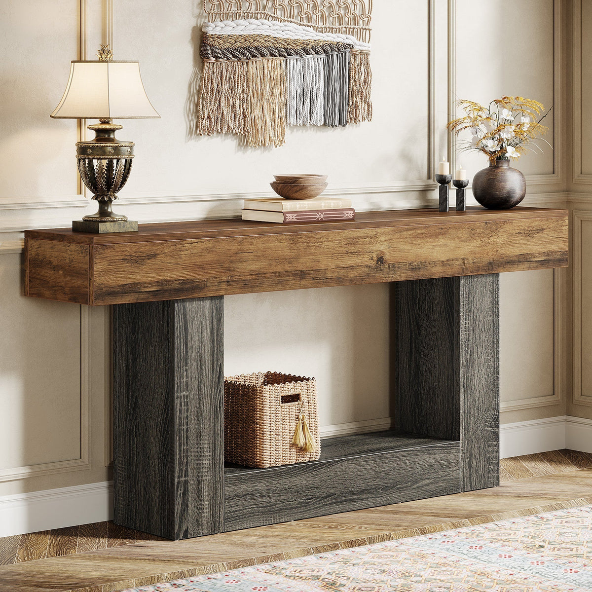 63" Wood Console Table, Farmhouse 2-Tier Sofa Table Entryway Table