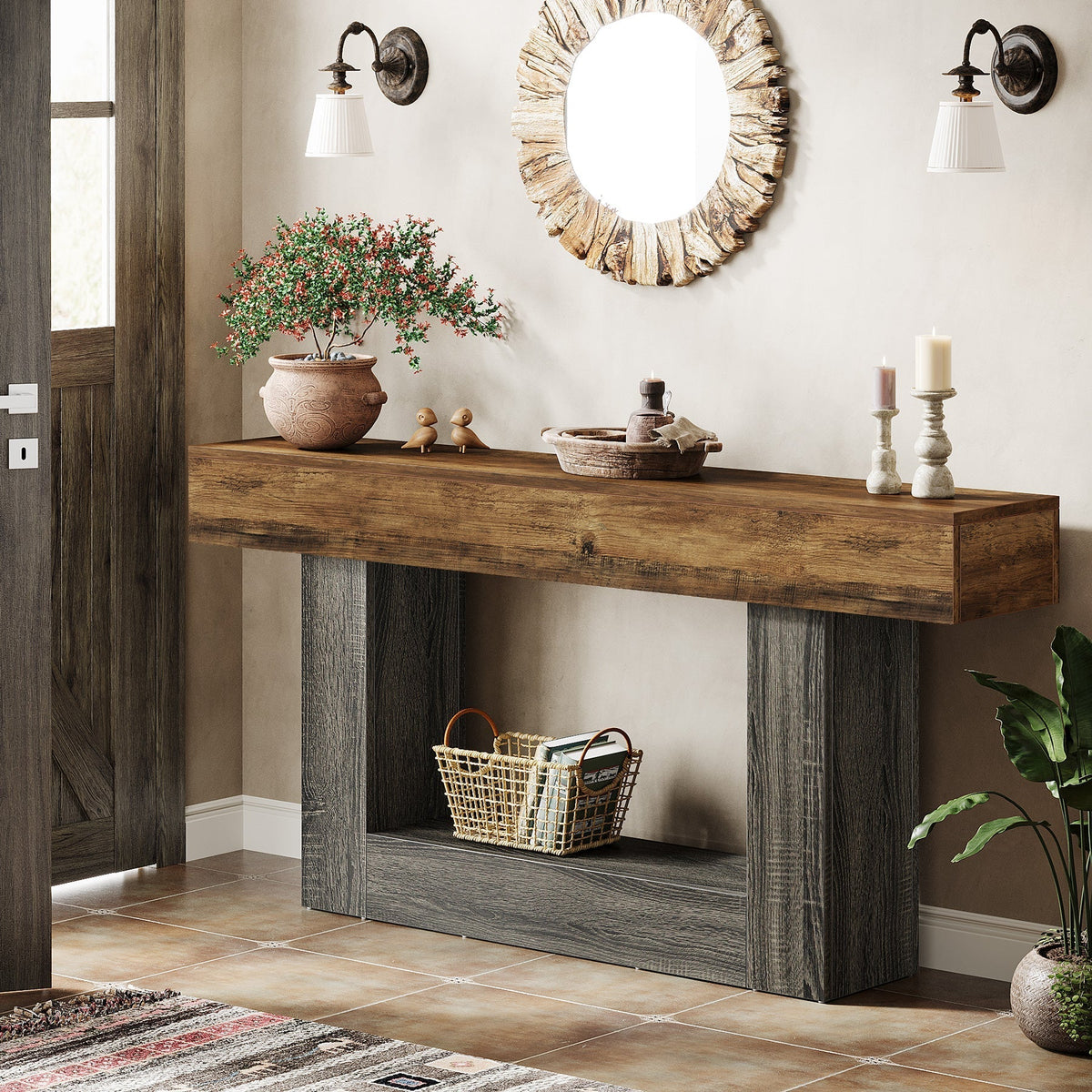 63" Wood Console Table, Farmhouse 2-Tier Sofa Table Entryway Table