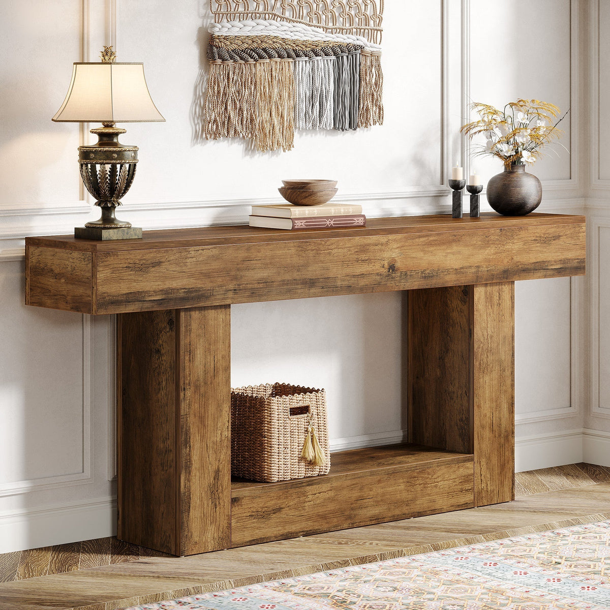 63" Wood Console Table, Farmhouse 2-Tier Sofa Table Entryway Table