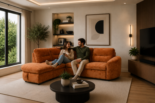 LHF Sectional Sleeper Burnt Orange Eucalyptus Frame Convertible Sofa Bed