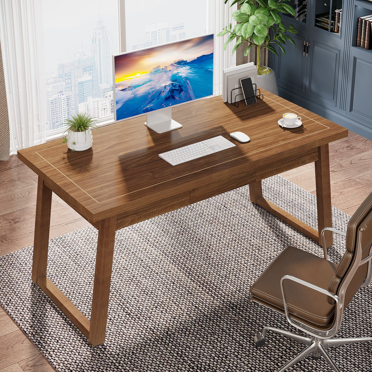55" Computer Desk, Mid-Century Modern Study Writing Table with Drawer