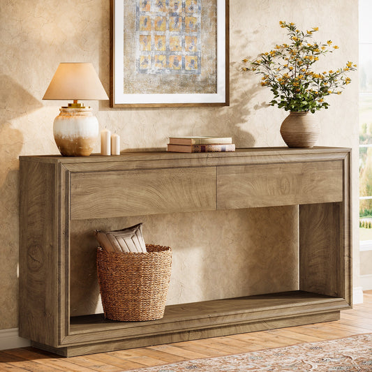 63" Console Table with 2 Drawers and Shelf, Farmhouse Entryway Sofa Table for Hallway