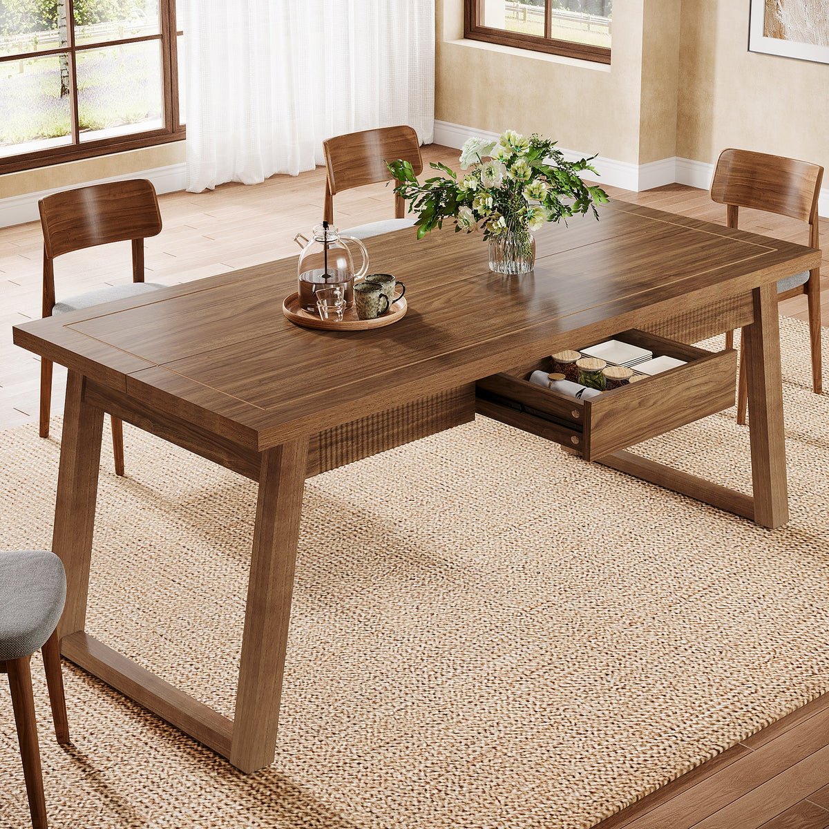 55" Dining Table with Drawer, Rectangular Kitchen Table with Solid Wood Legs