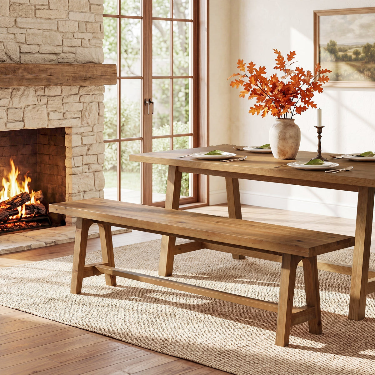 63" Solid Wood Dining Bench, Farmhouse Kitchen Bench for Dining Room, Kitchen