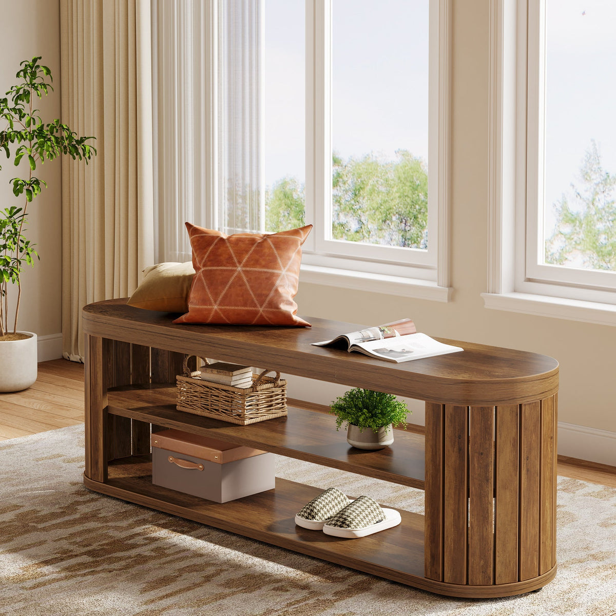 47.2" Entryway Bench, 2-Tier Shoe Bench End of Bed Stool with Storage