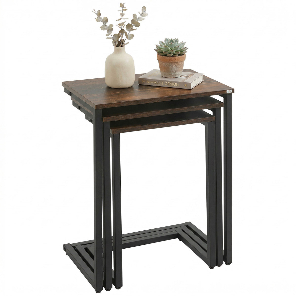Nesting Side Tables Set of 3 – C-Shaped, Rustic Brown
