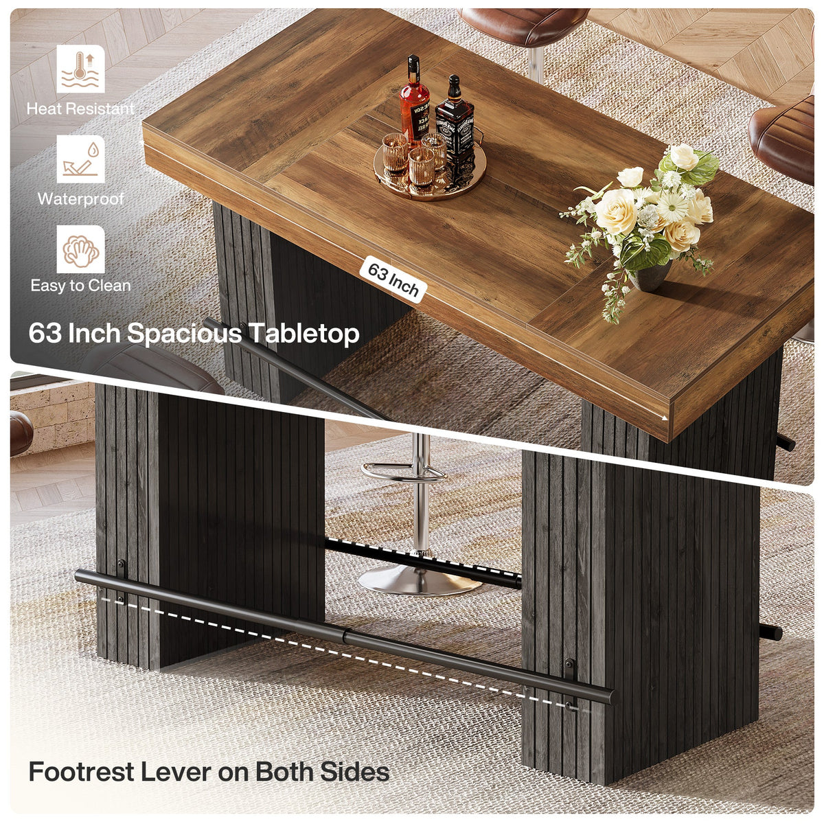 63" Bar Table, Industrial Counter Height Pub Dining Table