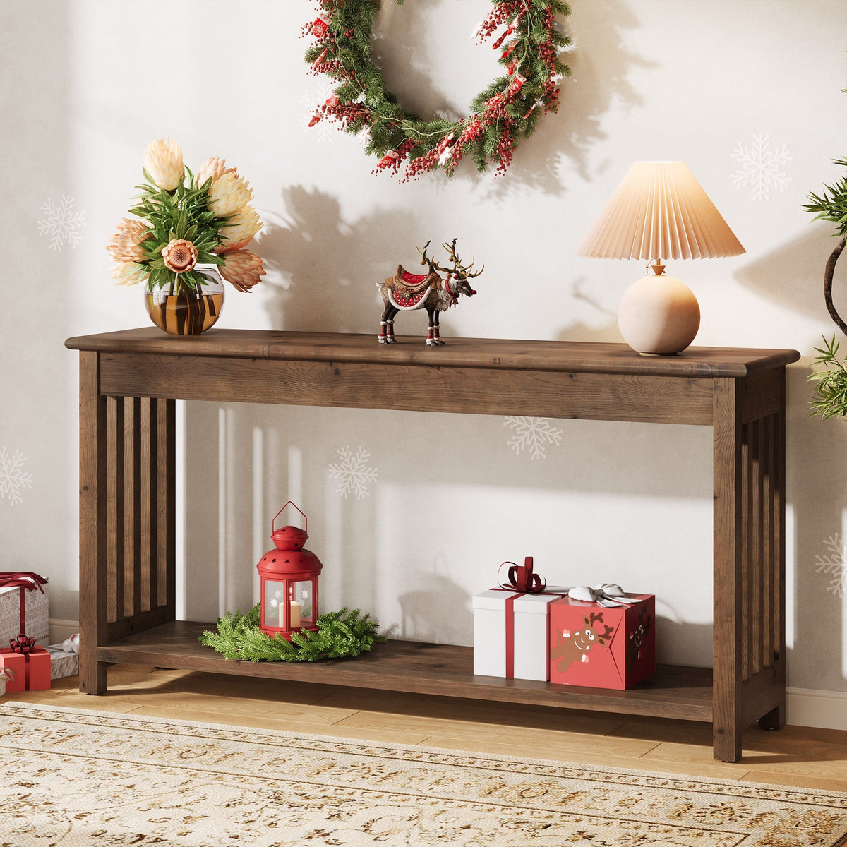 63" Console Table, Farmhouse Wood Entryway Sofa Table with 2-Tier Storage