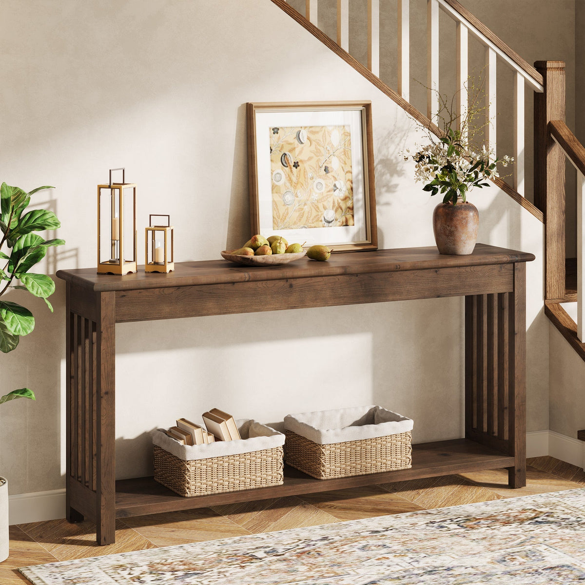 63" Console Table, Farmhouse Wood Entryway Sofa Table with 2-Tier Storage