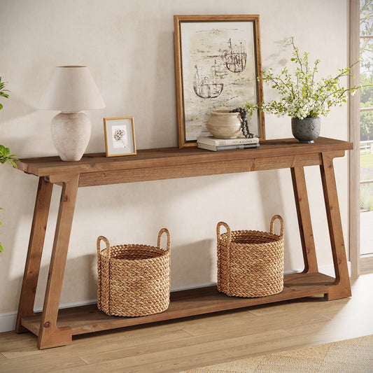 63" Console Table, Solid Wood Sofa Table with 2-Tier Storage for Living Room