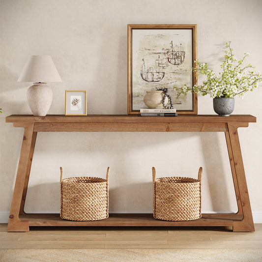 63" Console Table, Solid Wood Sofa Table with 2-Tier Storage for Living Room