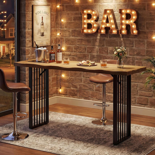 63" Solid Wood Bar Table, Rectangular Counter Height Pub Table with Metal Frame for Home Bar(Only Table)