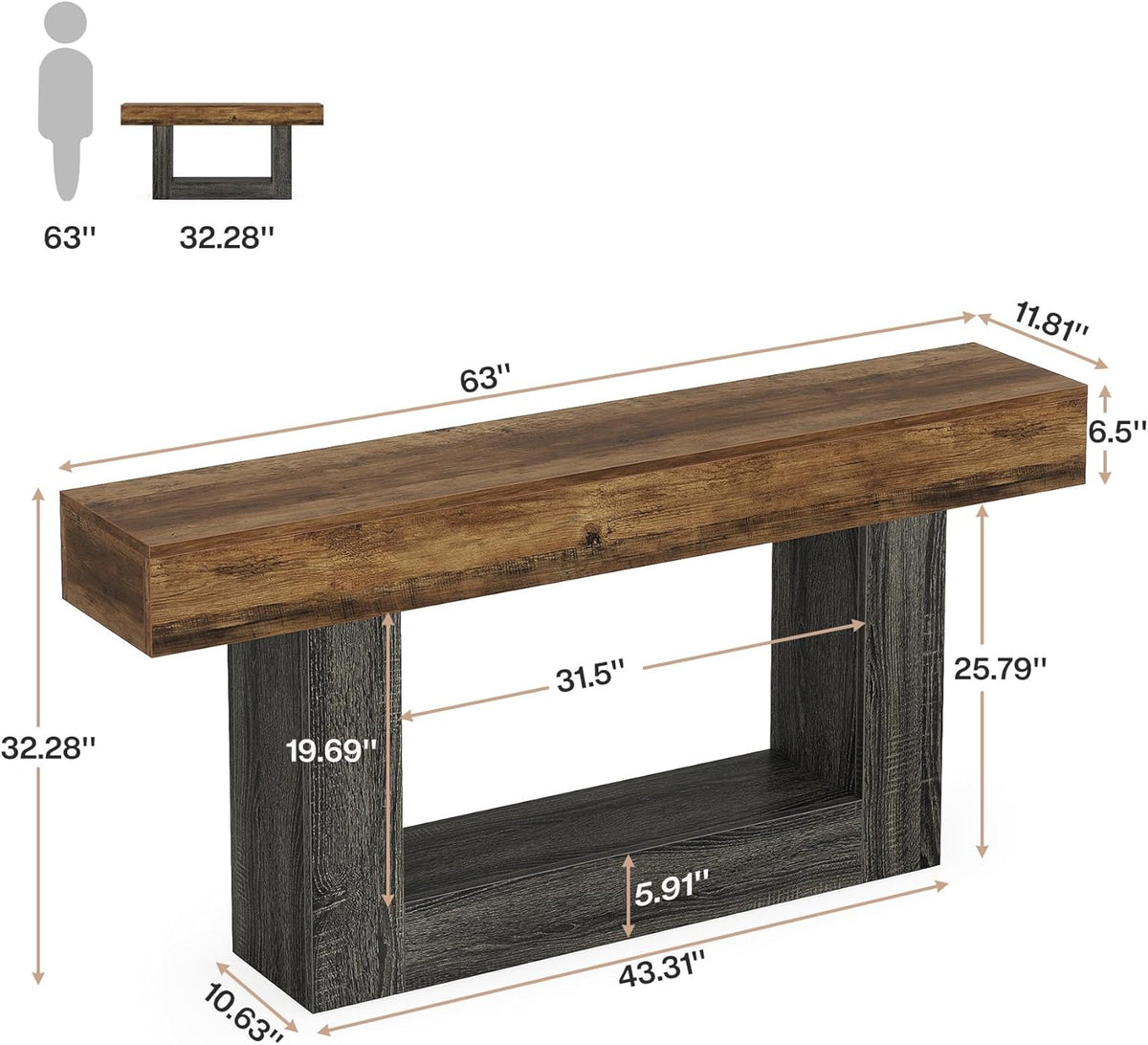 63" Wood Console Table, Farmhouse 2-Tier Sofa Table Entryway Table