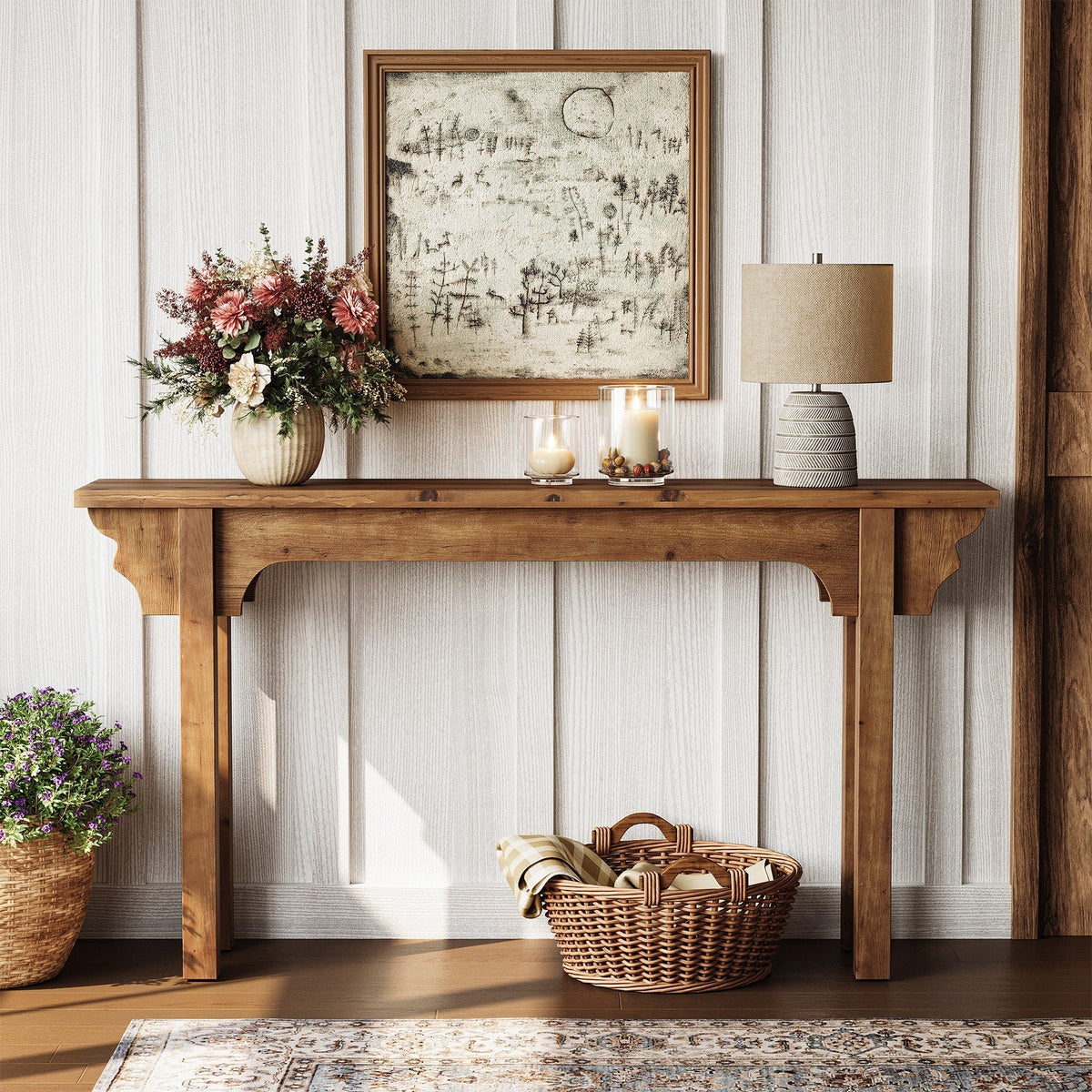63" Solid Wood Console Table, Farmhouse Entryway Table Sofa Table for Hallway