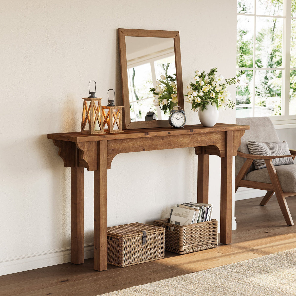 63" Solid Wood Console Table, Farmhouse Entryway Table Sofa Table for Hallway