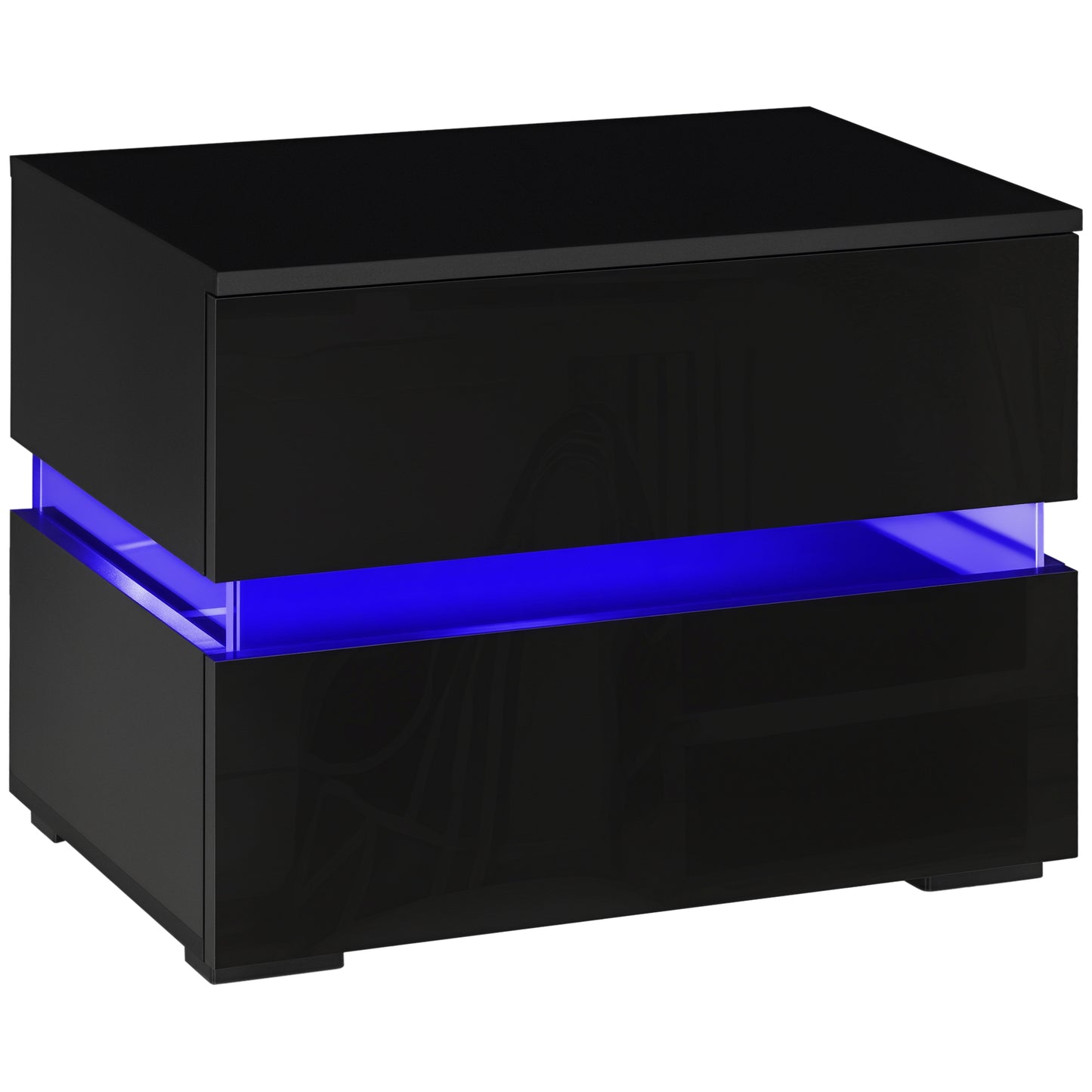 Modern Black Nightstand, 2 Gloss Drawers, USB RGB LED Remote Lights