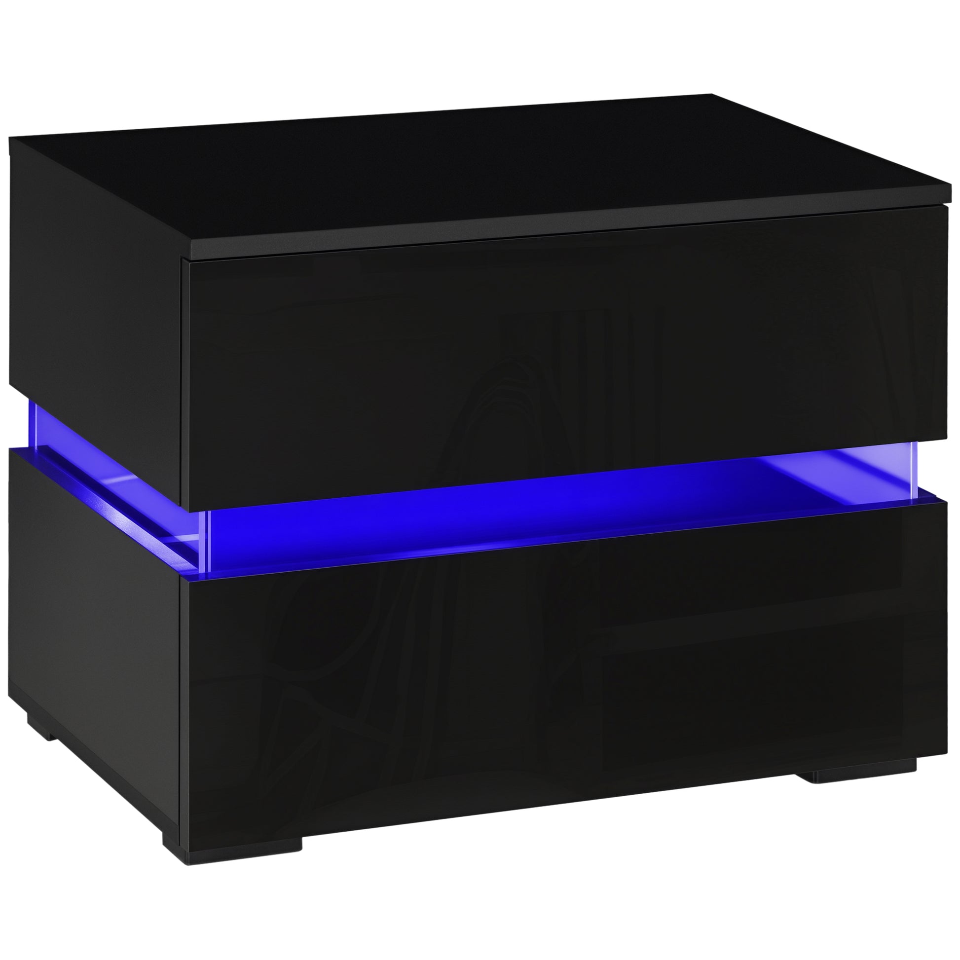 Modern Black Nightstand, 2 Gloss Drawers, USB RGB LED Remote Lights