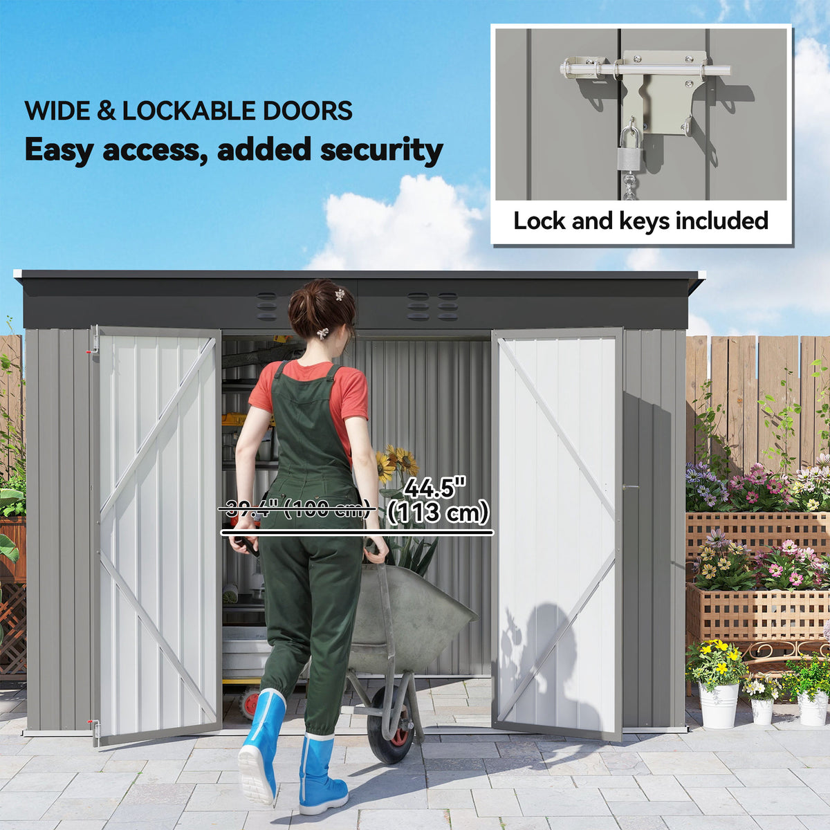9' x 4' Galvanized Steel Garden Storage Shed with Lockable Doors, Gloves and 2 Air Vents for Backyard, Patio, Lawn – Grey
