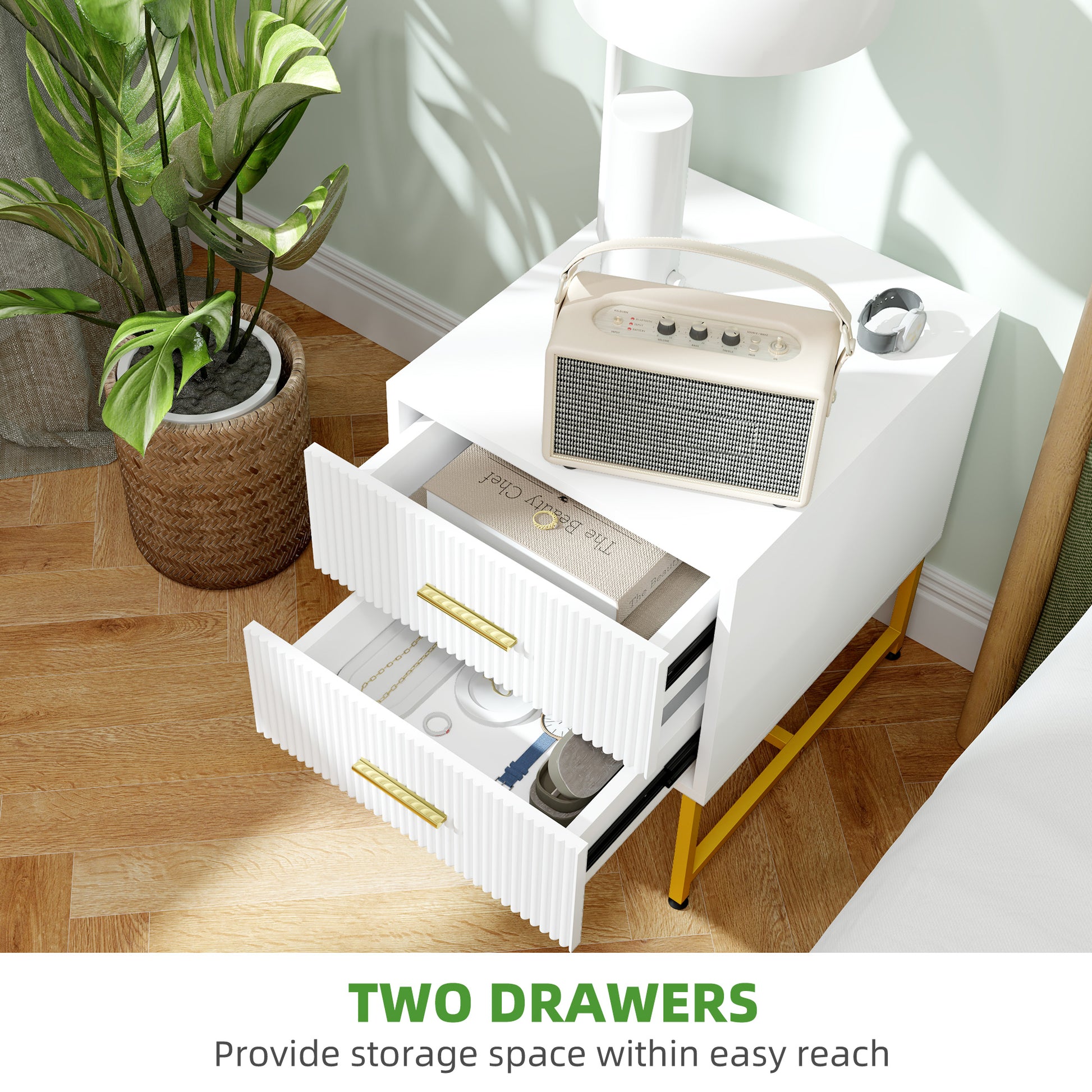 Modern White Nightstands Set, 2 Fluted Drawers, Gold Legs, Bedroom Storage Tables