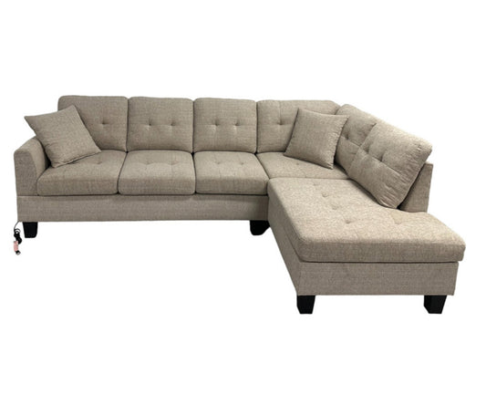Nolan Fabric Sectional Sofa with USB Port, Plush Seating, Wooden Legs, Almond