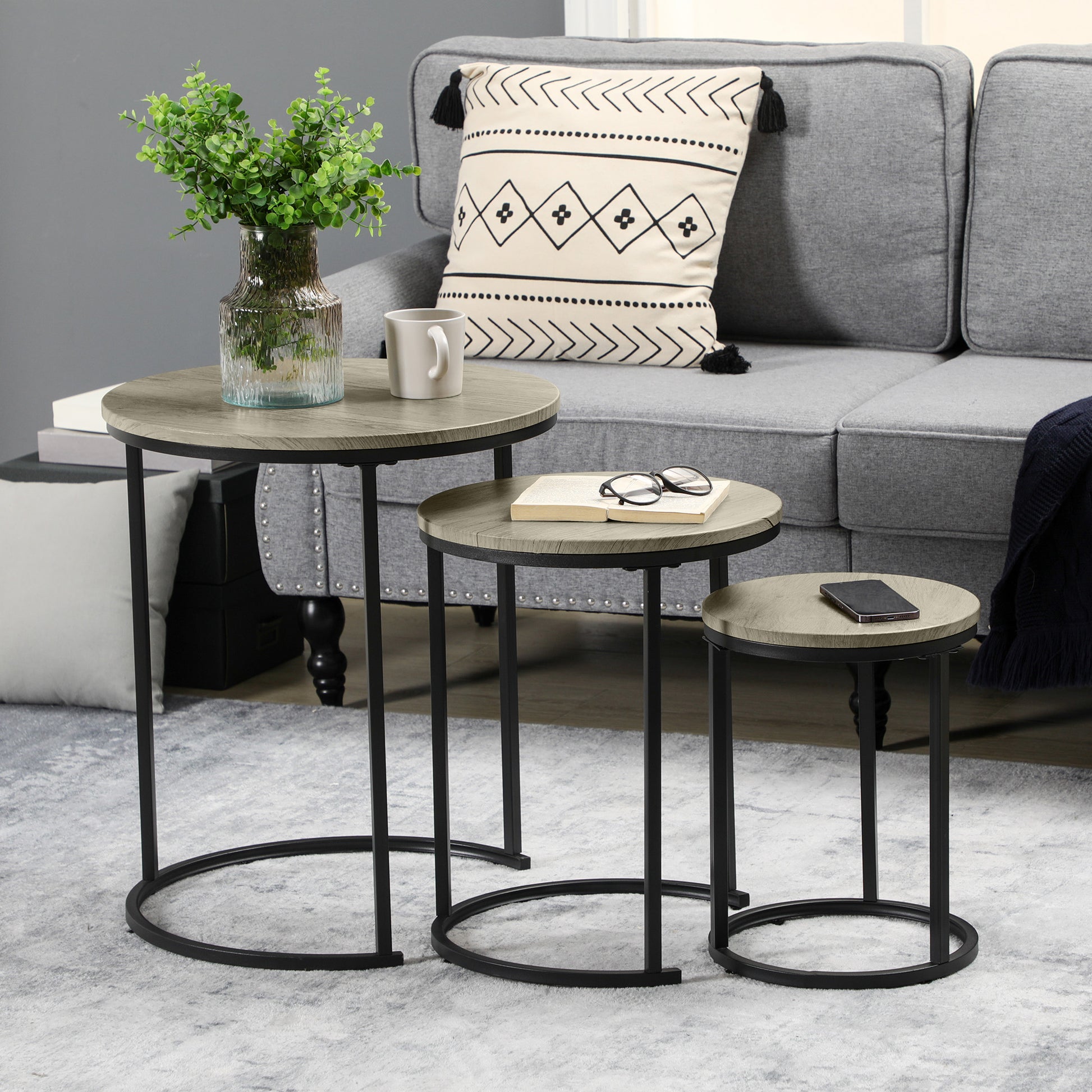 HOMCOM Modern 3-Piece Round Nesting Coffee Tables, Grey Wood Grain Design