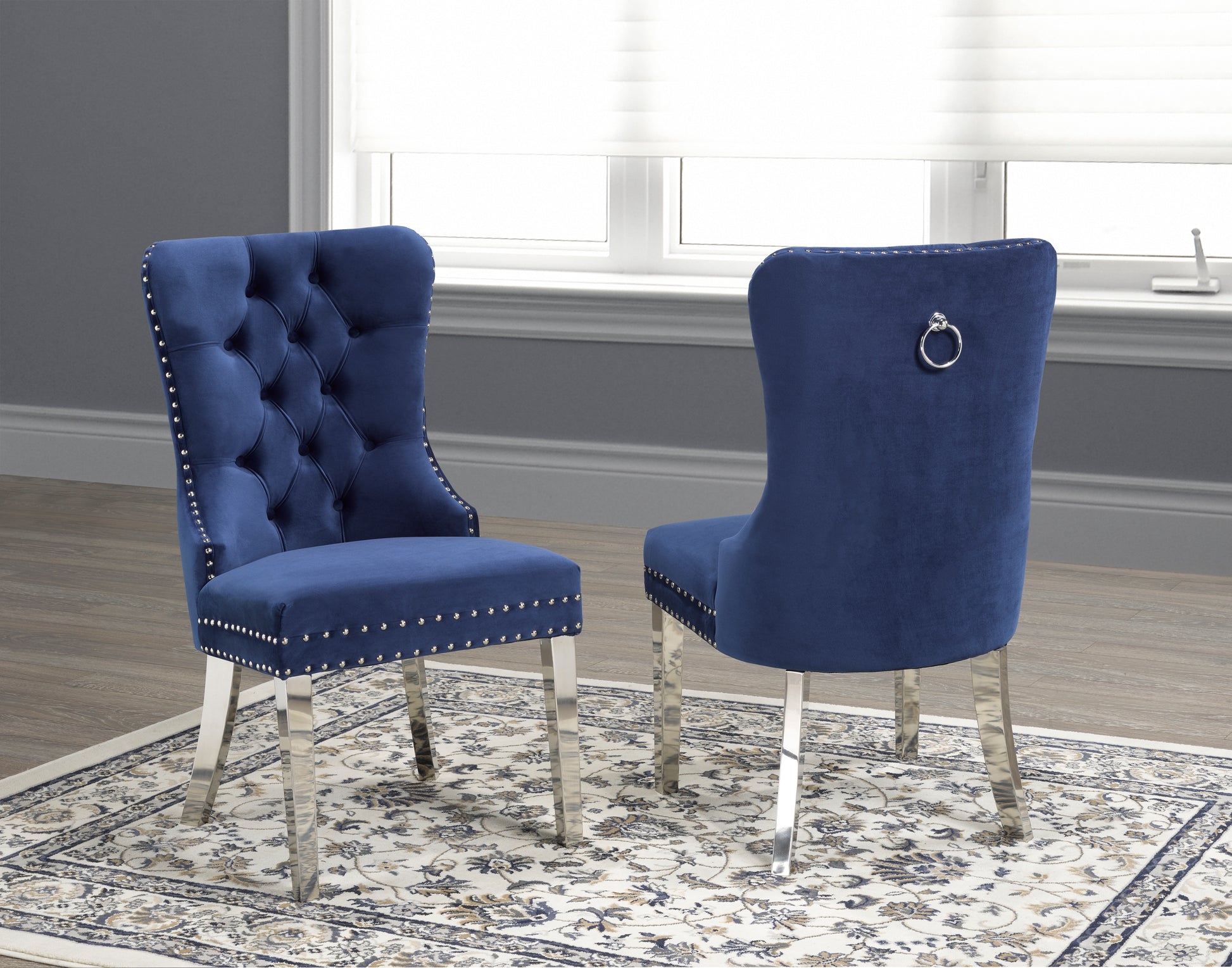Luxurious Navy Velvet Tufted Dining Chairs Set of 2, Chrome Legs