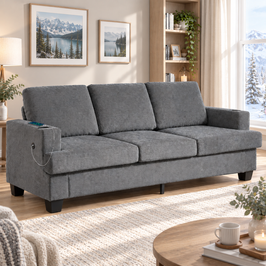 Chenille-Feel 3-Seater Sofa with USB Ports & Cup Holders