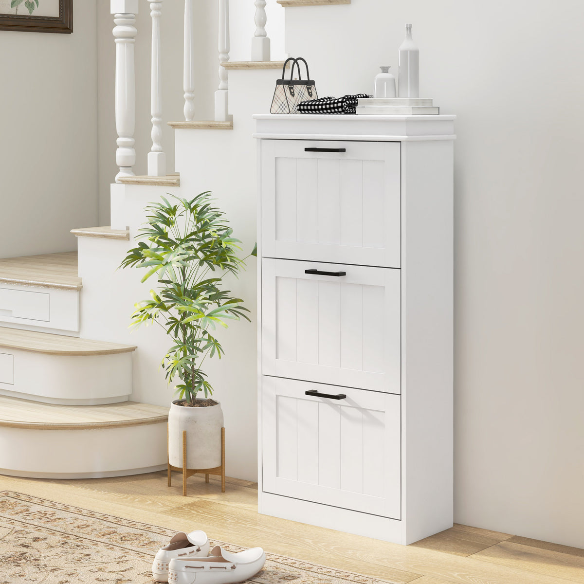 Slim Shoe Cabinet with 3 Flip Drawers and Adjustable Shelves – 21"W x 46"H