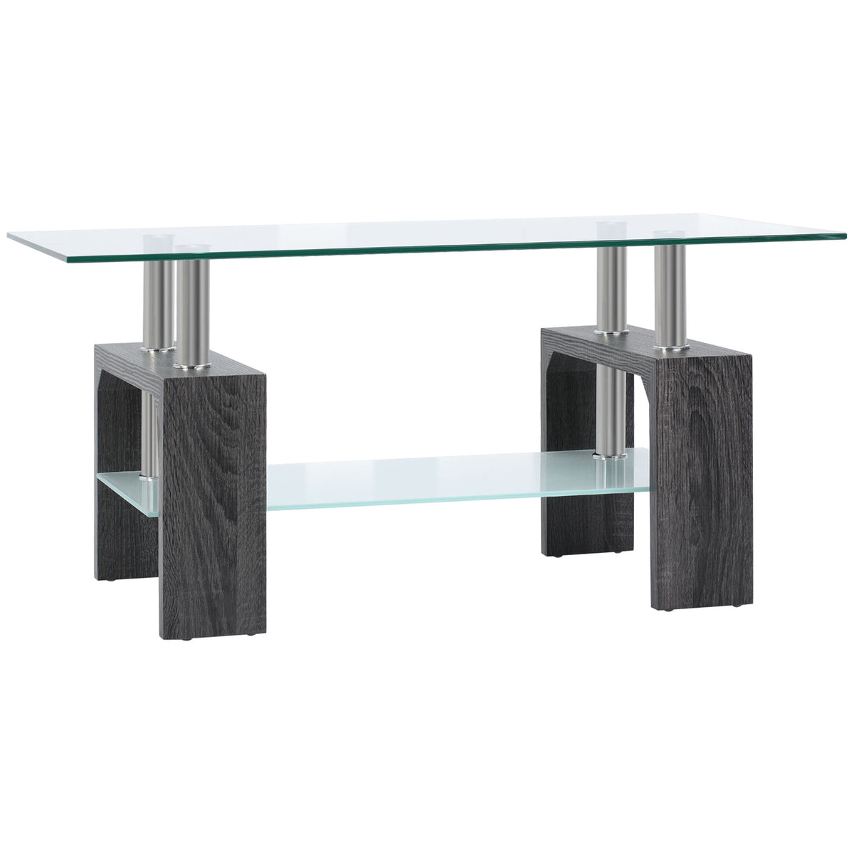 Rectangle Glass-Top Coffee Table with Storage Shelf, Grey