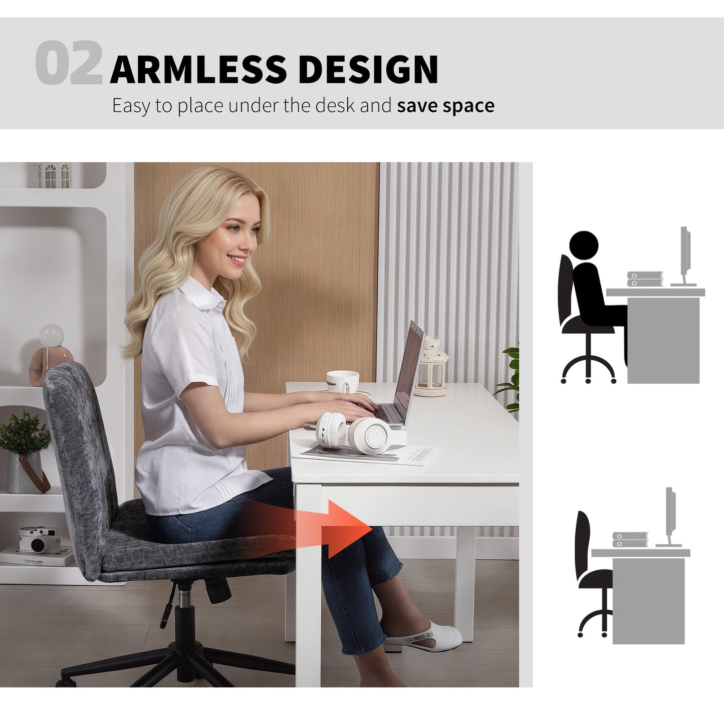 HOMCOM Wide Armless Criss Cross Office Chair, Adjustable Height, Tilting, Grey