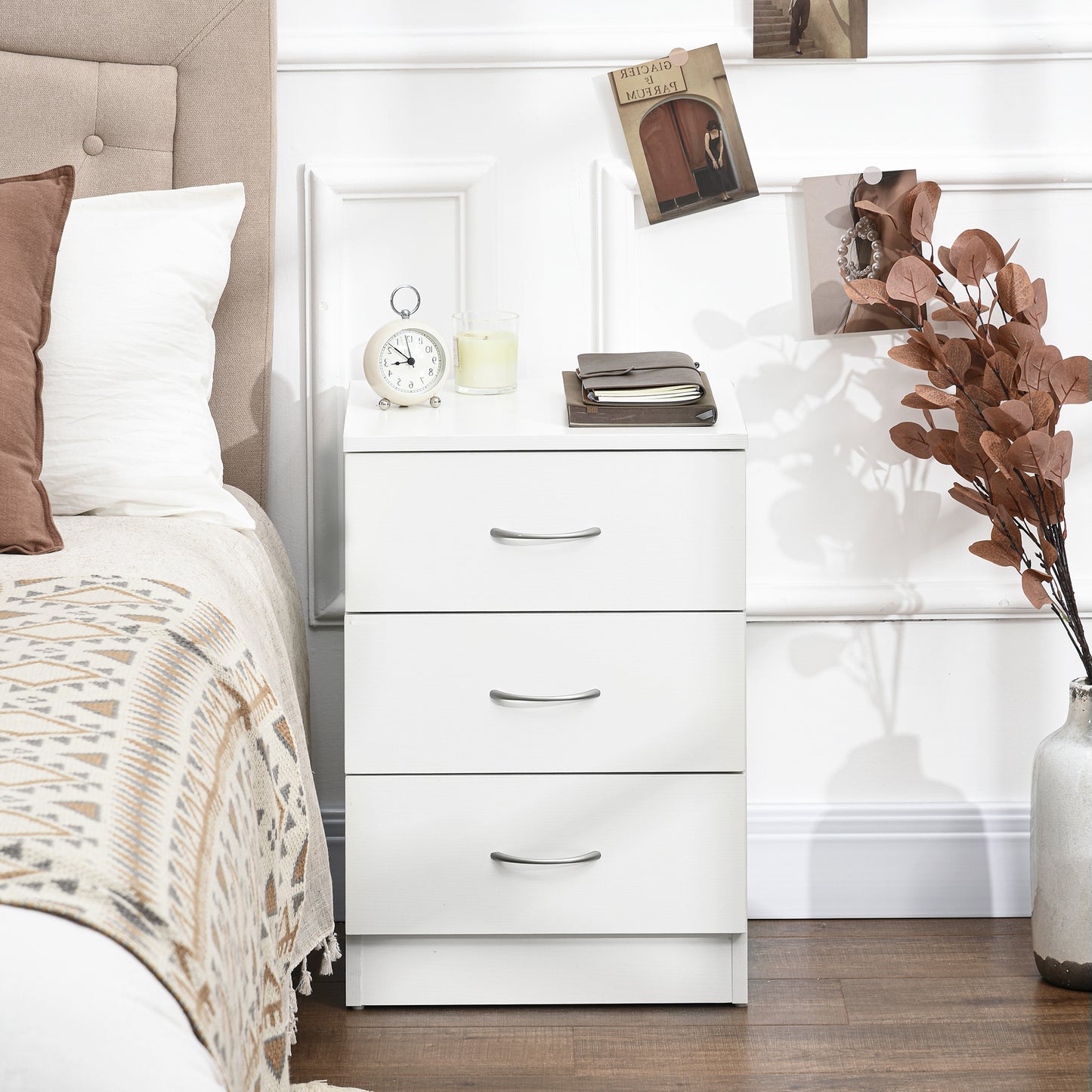 Modern White 3-Drawer Wooden Nightstand Bedside Table with Storage for Bedrooms