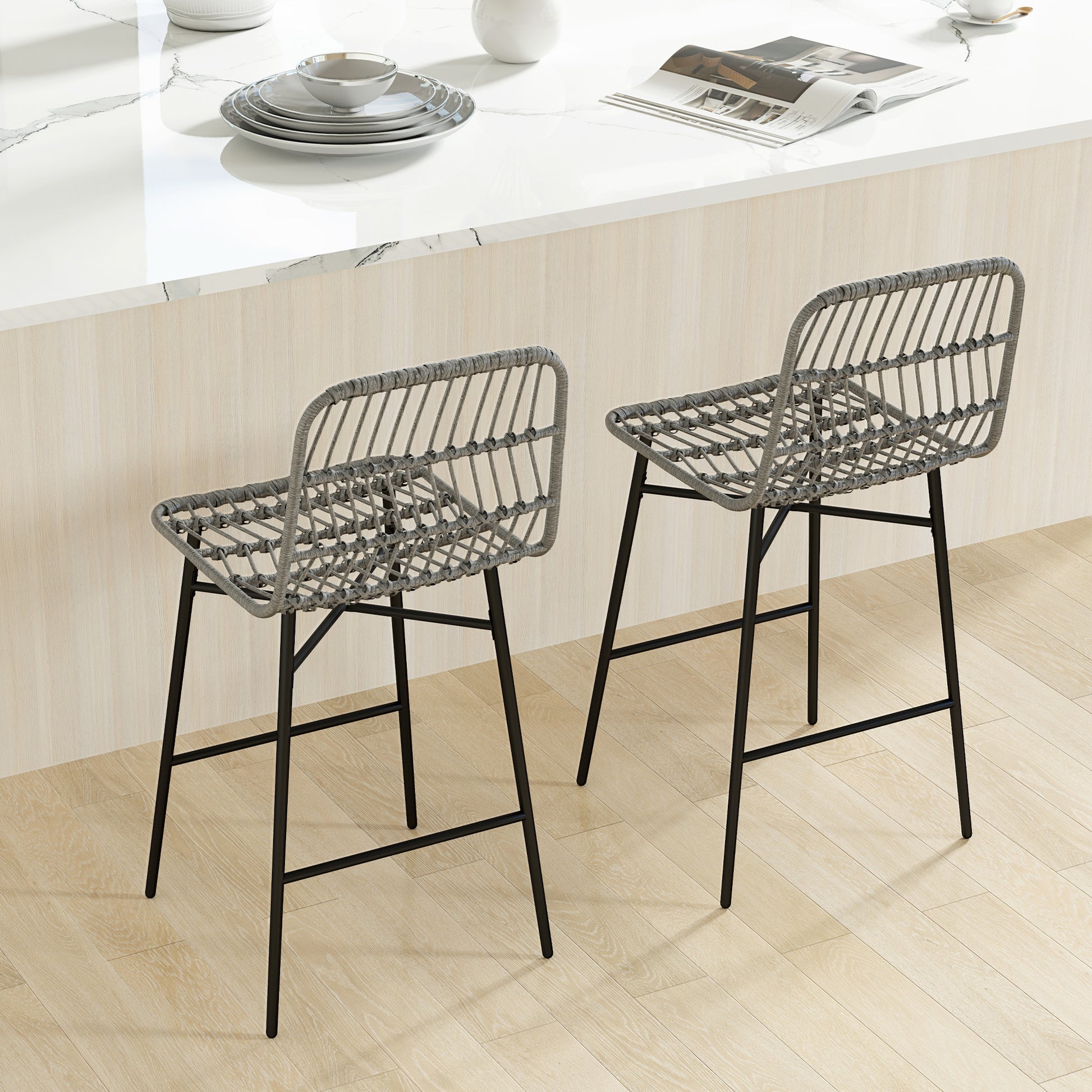 HOMCOM Modern Grey Rattan 26-inch Counter Height Bar Stools Set of 2