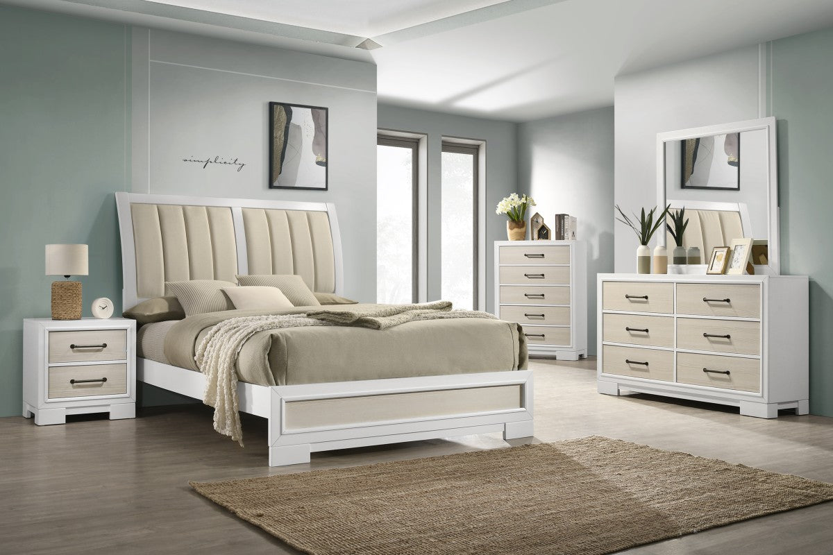 Flora Queen 8-Piece White Bedroom Set with Upholstered Headboard and Storage