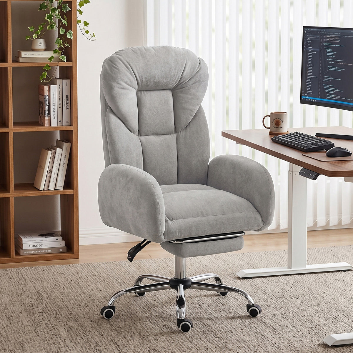 Cross Legged Office Chair with Footrest, 90°-180° Flip Armrests, Task Desk Chair, Light Grey