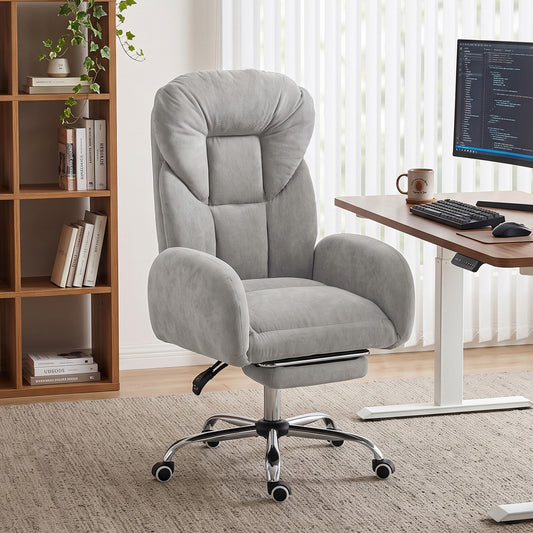 Cross Legged Office Chair with Footrest, 90°-180° Flip Armrests, Task Desk Chair, Light Grey