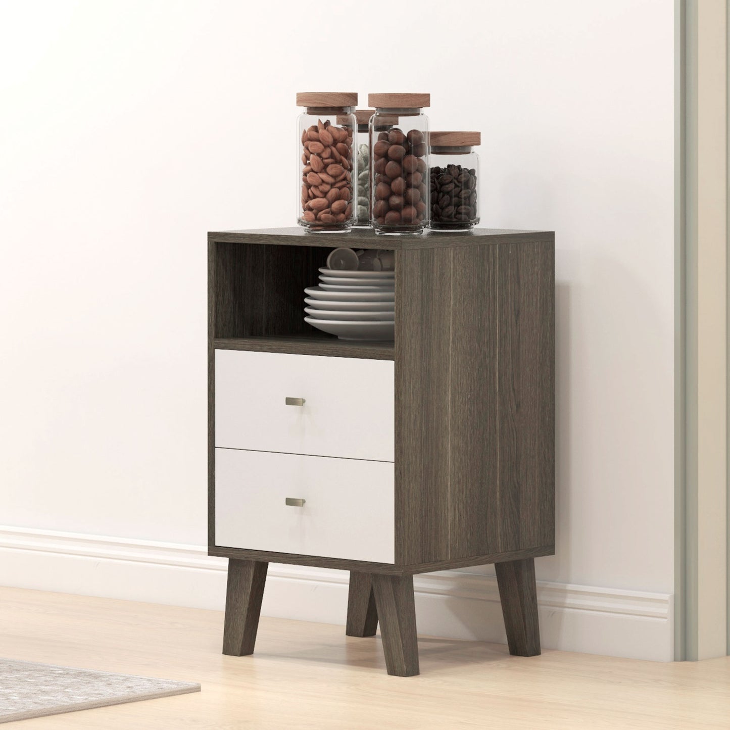 HOMCOM Modern Grey White Nightstand Set, 3 Drawers, Open Storage