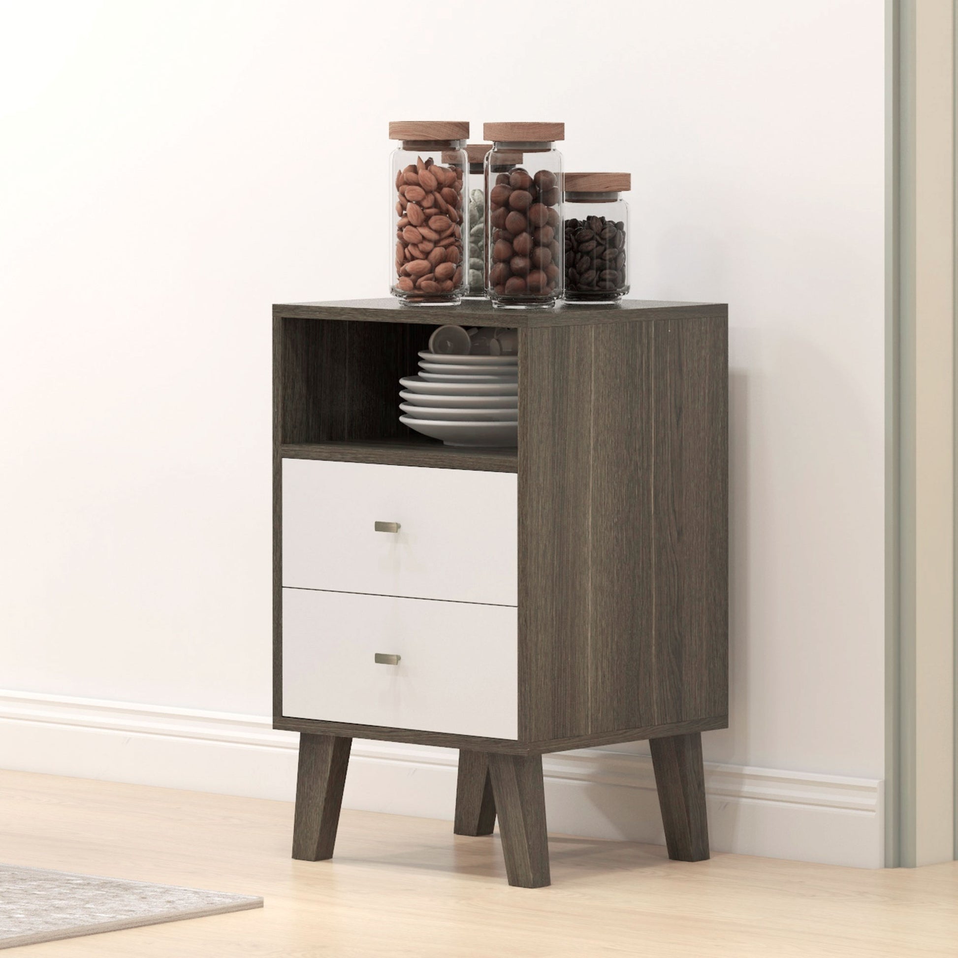 HOMCOM Modern Grey White Nightstand Set, 3 Drawers, Open Storage