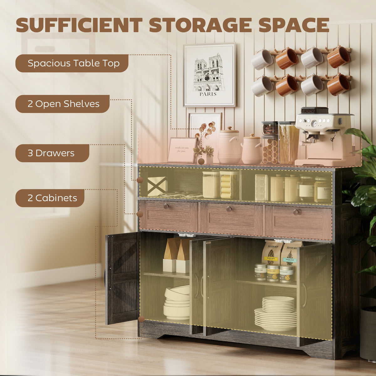 Buffet Cabinet with 4 Barn Doors and 3 Drawers – 47"W x 35"H