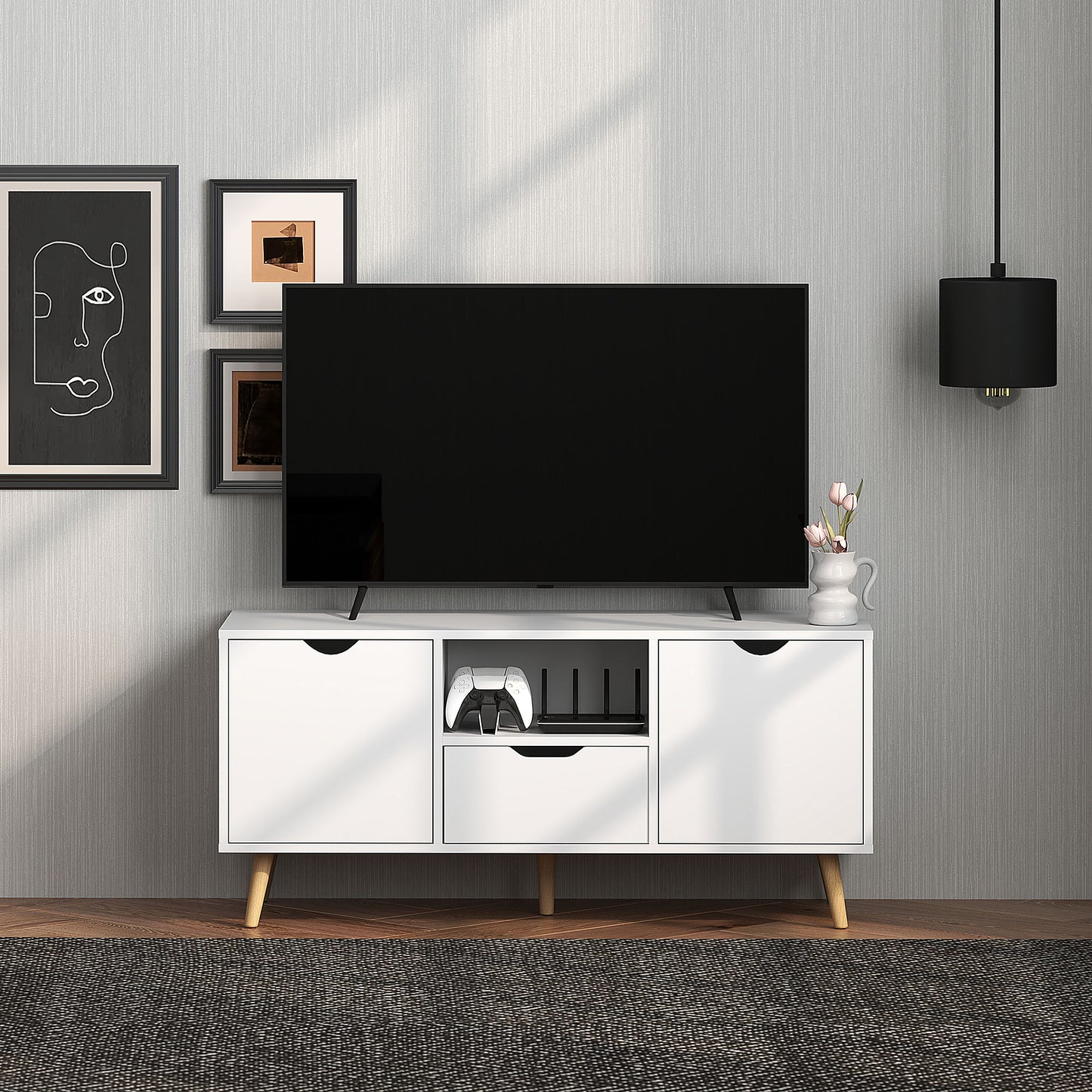HOMCOM Modern White TV Stand with Open Shelf, Drawer & Cabinets for 50-inch TVs