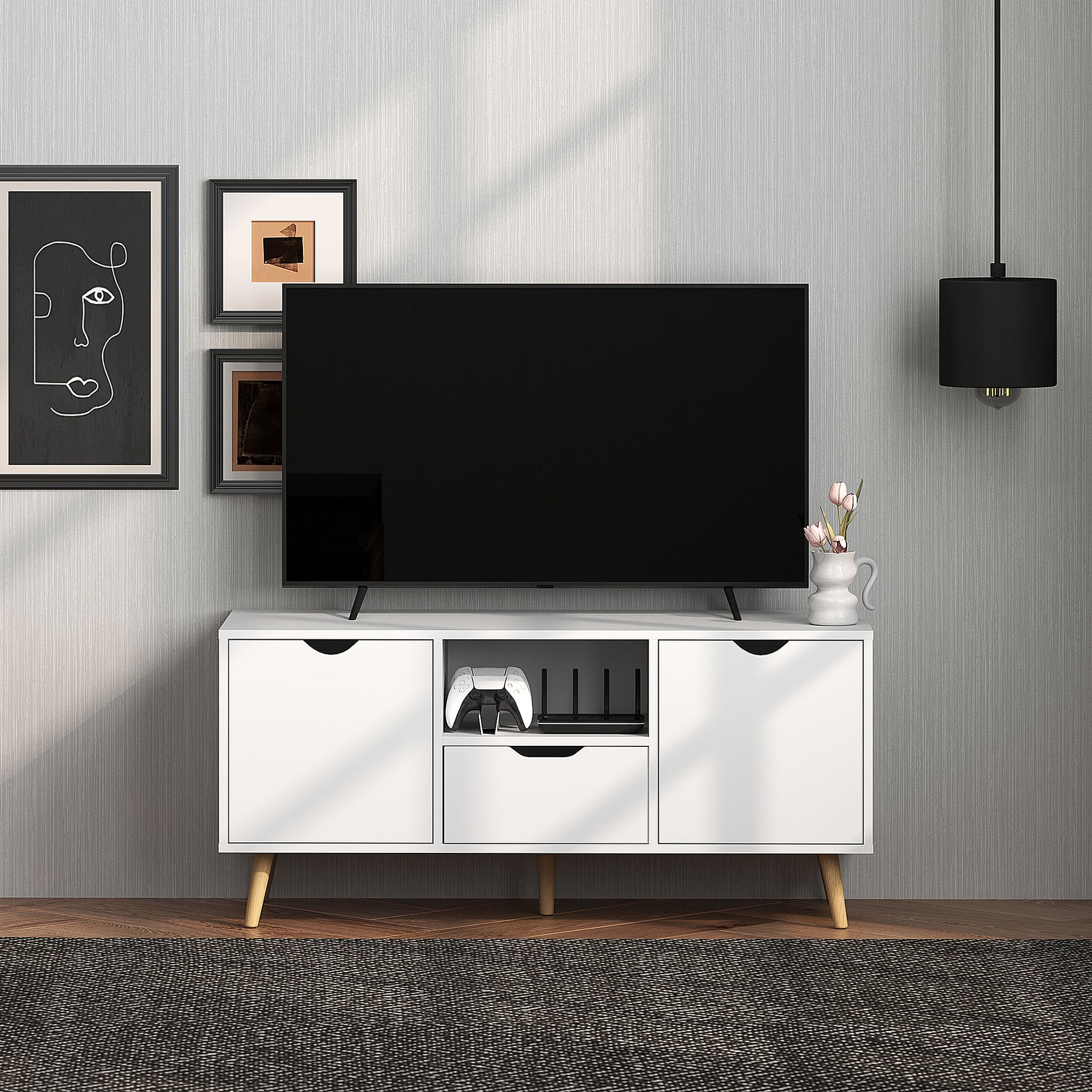 HOMCOM Modern White TV Stand with Open Shelf, Drawer & Cabinets for 50-inch TVs