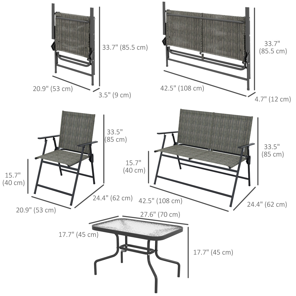 Outdoor 4 Pieces Patio Furniture Set, Garden Set with Two Foldable Armchairs, a Loveseat & Glass Top Table – Mixed Brown