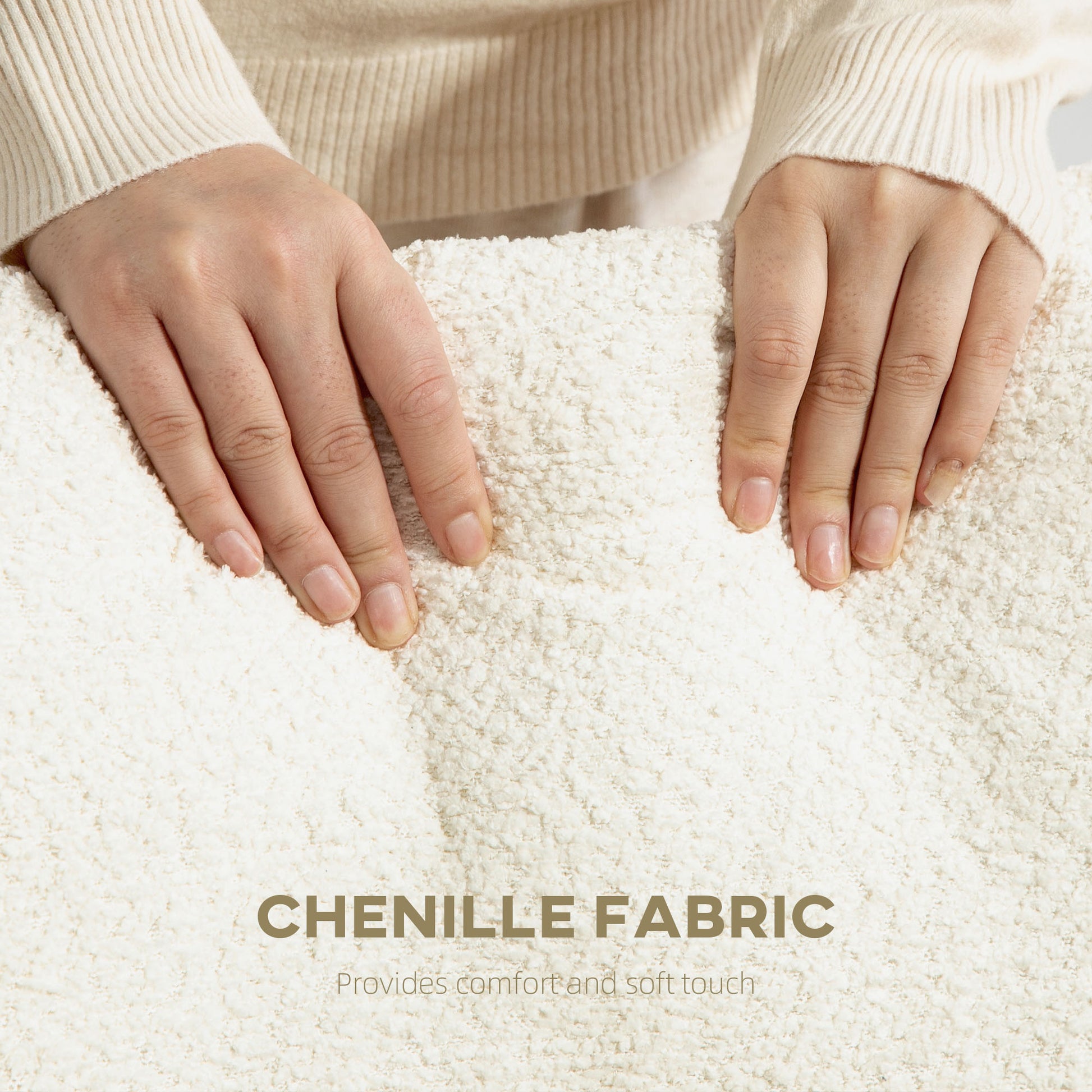 Modern Cream White Chenille Accent Armchair with Wood Frame, Back Pillow