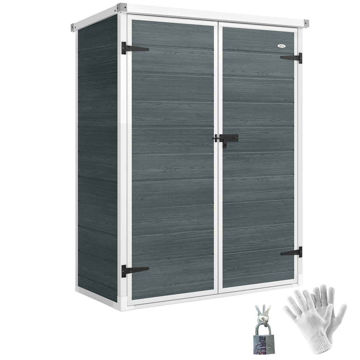 Outdoor 4.4' x 2.3' Plastic Storage Shed with Lockable Doors and Foldable Shelves, Wood-Effect Garden Shed
