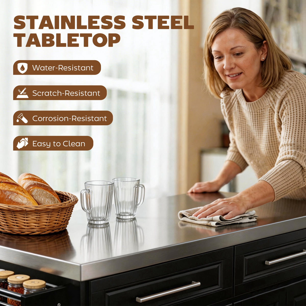Rolling Kitchen Island with Stainless Steel Top – 57"W x 37"H
