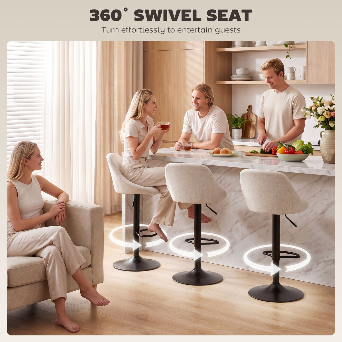 Linen-Look Swivel Counter Stools with Back, Set of 3, Cream White