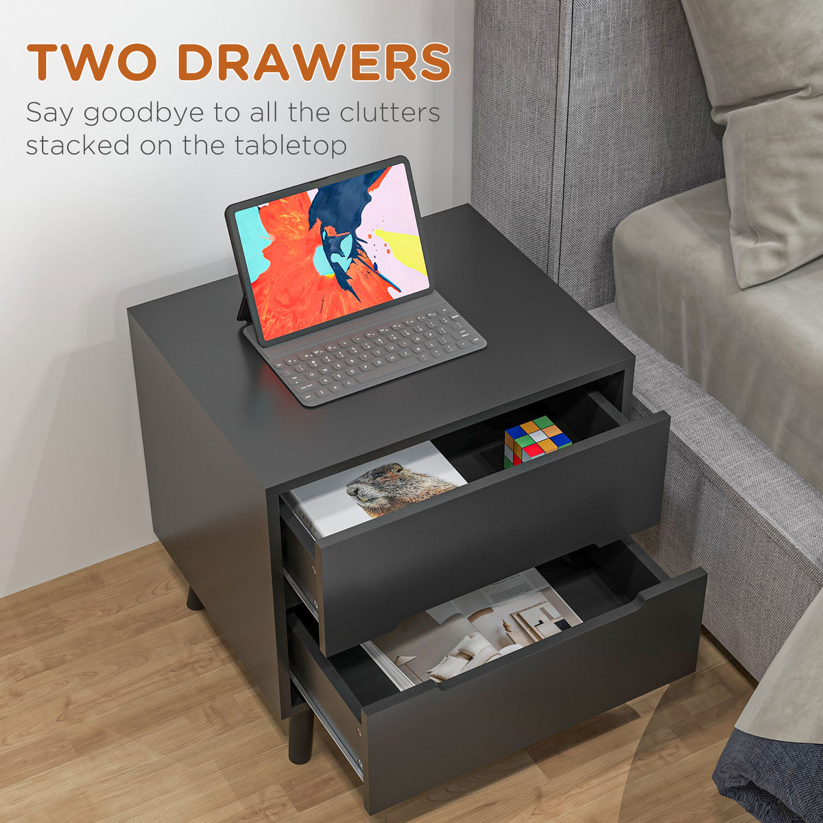 2-Drawer Nightstand with Solid Wood Legs – 20"W x 20"H