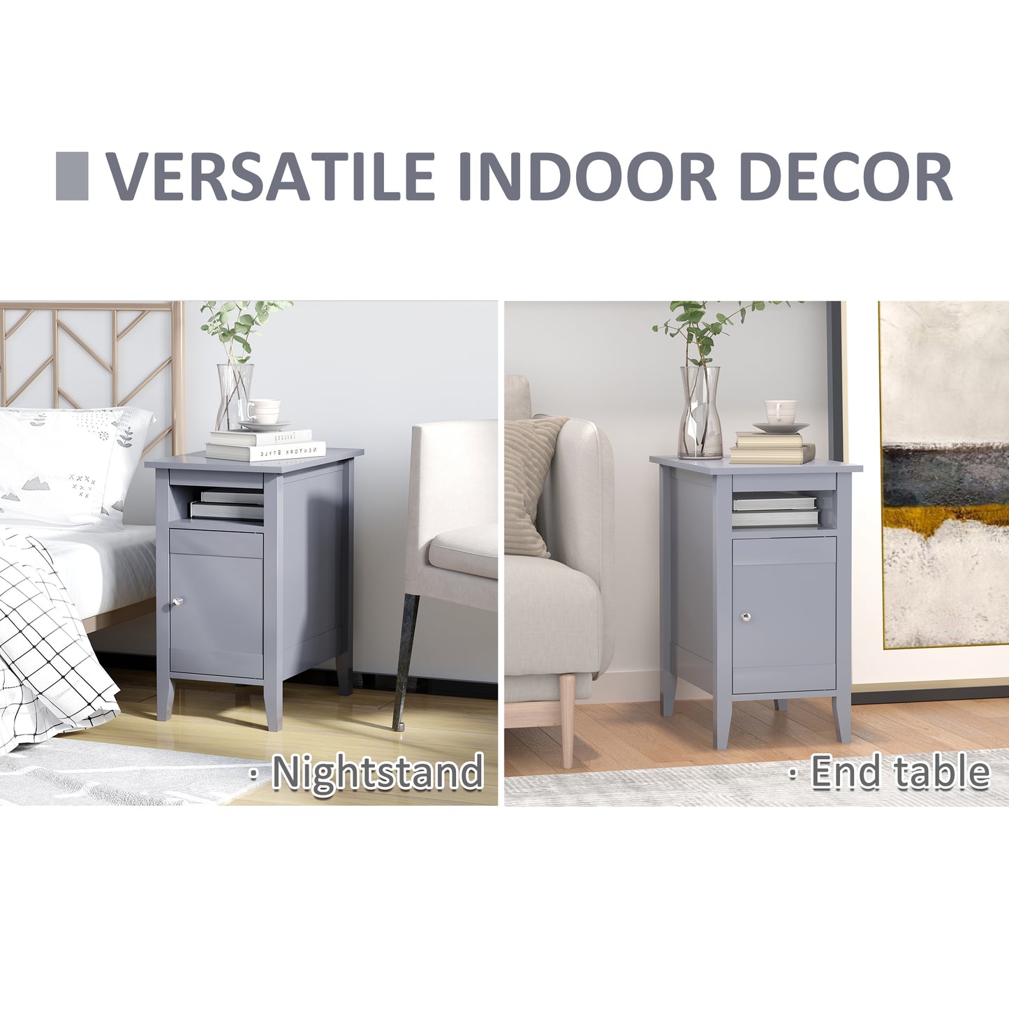 Modern Grey Wooden Nightstand with Pullout Tray, 3-Tier Adjustable Storage Cabinet